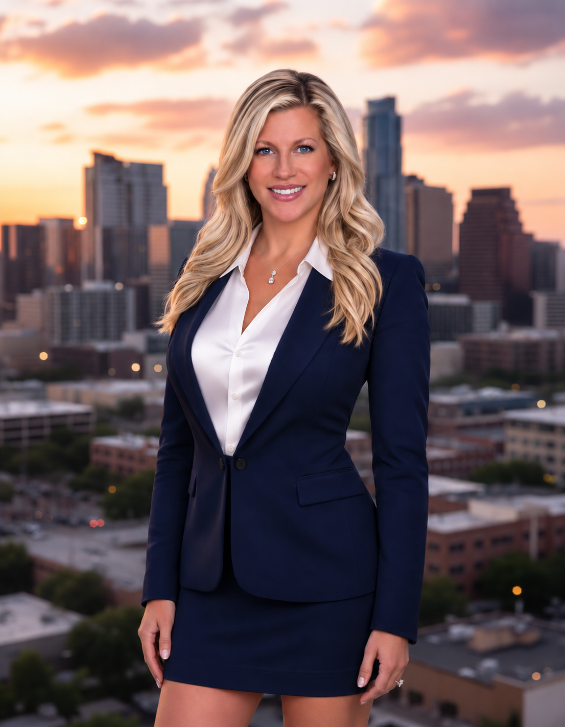 Courtney Wright with the Austin skyline