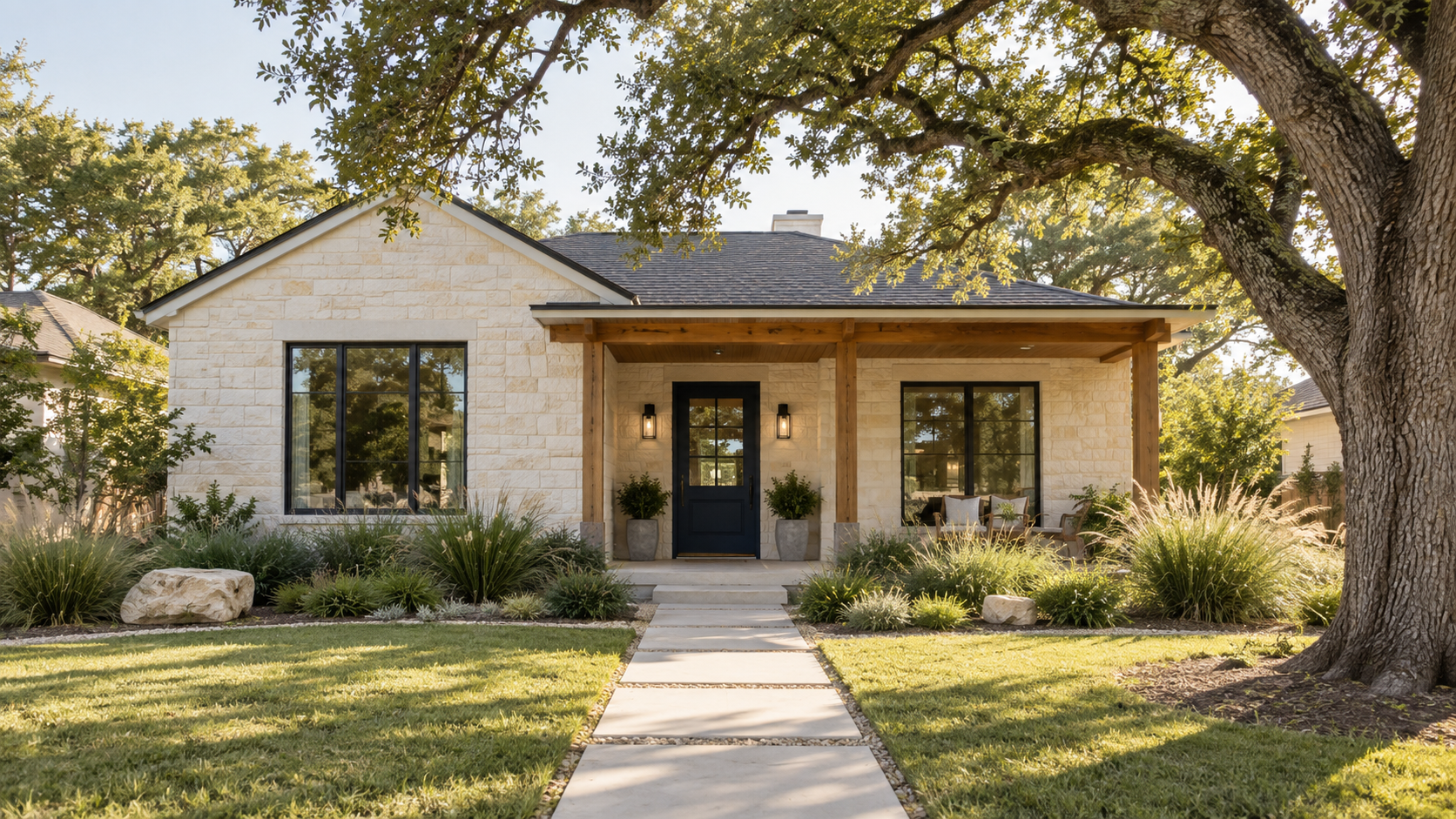 Welcoming limestone home with a navy front door and shaded front yard.