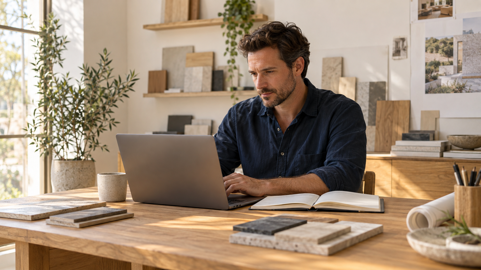 Business owner working at a laptop in a sunlit design studio.