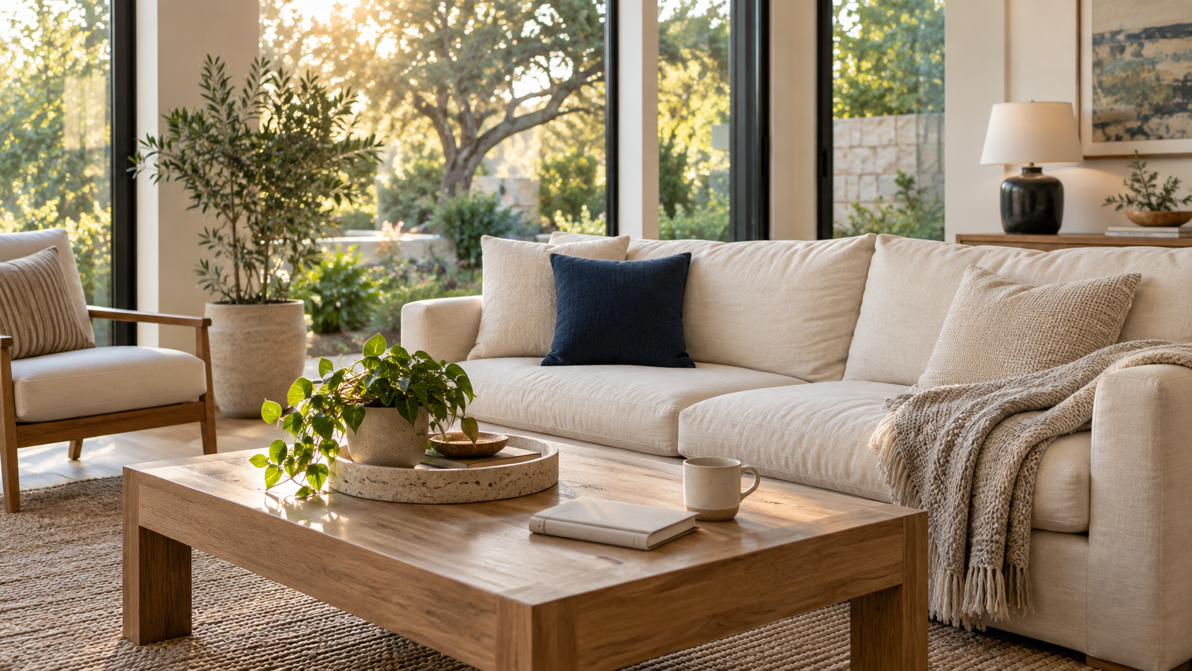 Sunlit living room with an ivory sofa, navy cushion and oak coffee table.