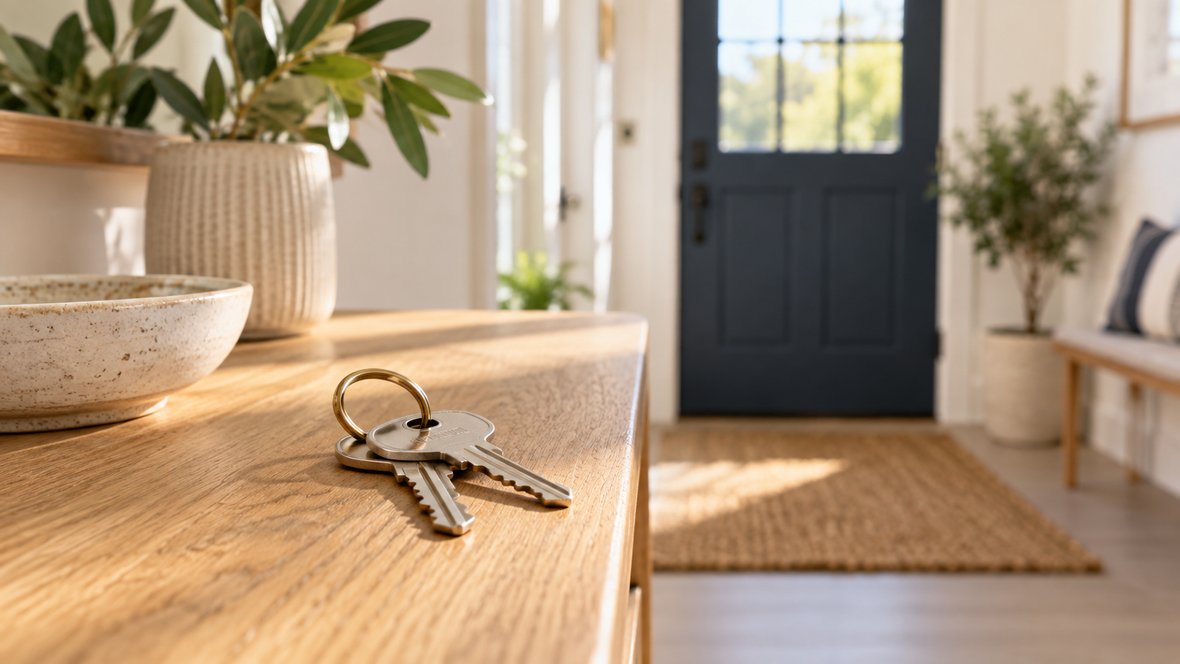 House keys on an oak entry table beside a navy front door.