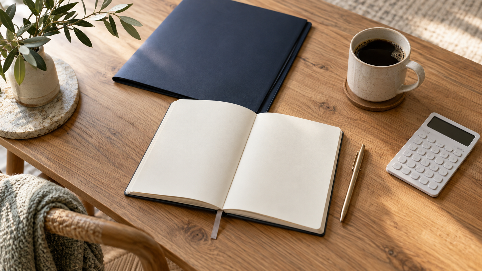 Notebook, document folder and calculator on a sunlit table.